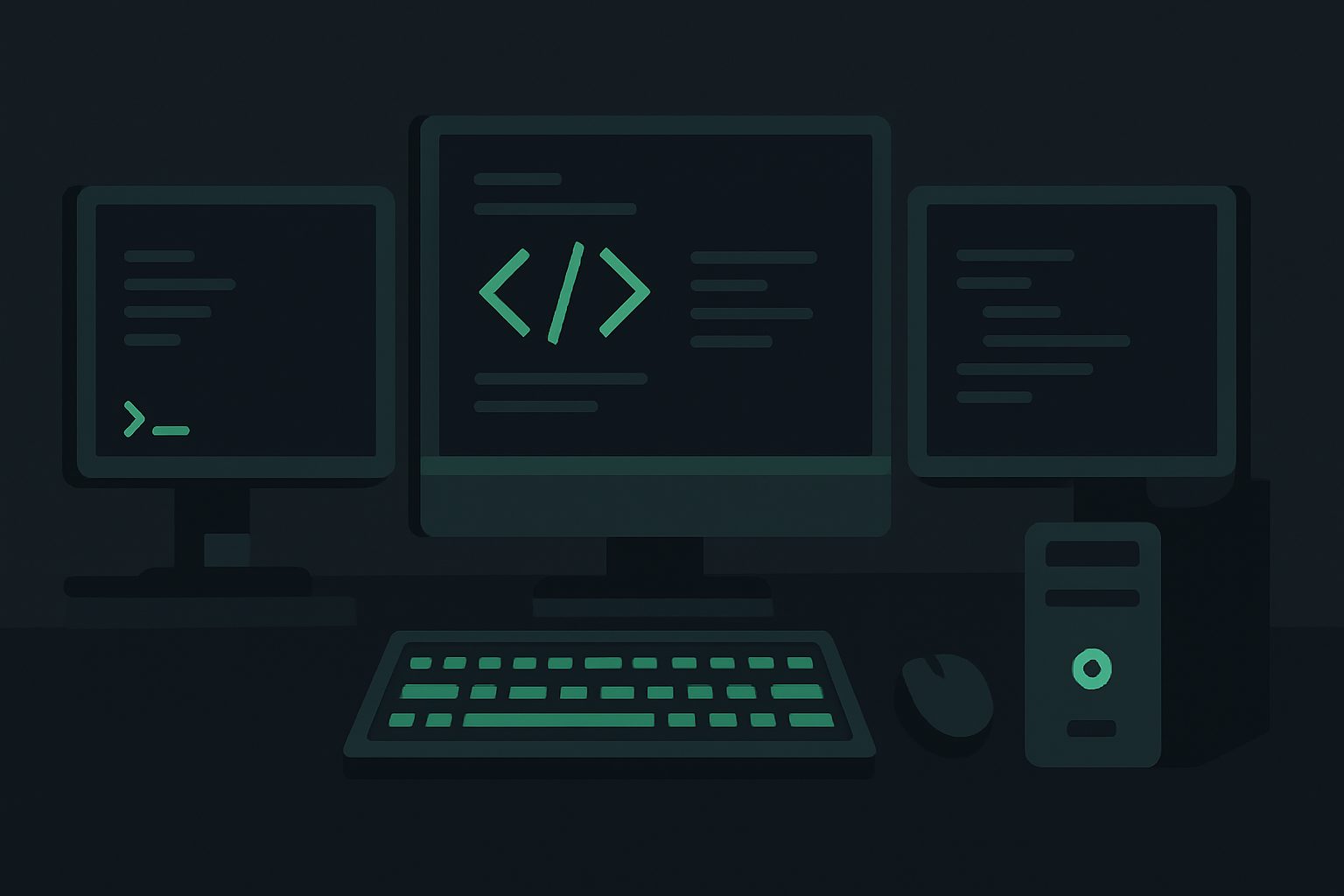 Dark-mode developer workstation with terminal windows